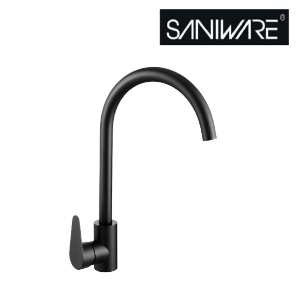 Saniware SWP-SS-304-84-B Stainless Steel High-Arch Kitchen Pillar Sink Tap Matt Black, 370 × 220mm