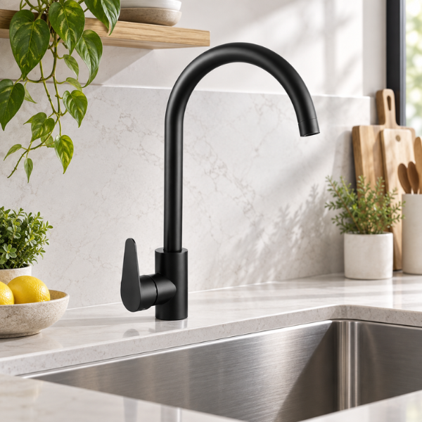 Saniware SWP-SS-304-84-B Stainless Steel High-Arch Kitchen Pillar Sink Tap Matt Black, 370 × 220mm
