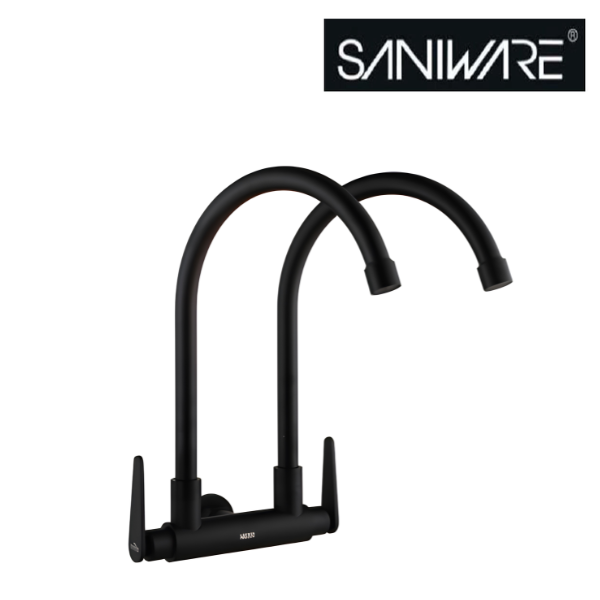 Saniware SWP-SS-304-62-B Stainless Steel Double-Spout Kitchen Wall Sink Tap Matt Black