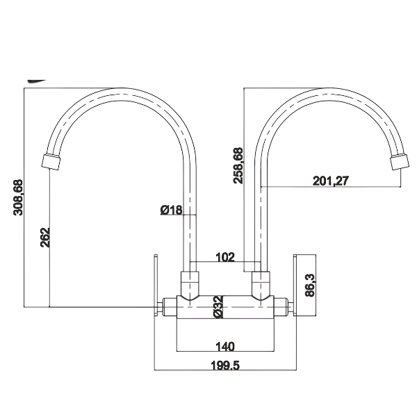 Saniware SWP-SS-304-62-B Stainless Steel Double-Spout Kitchen Wall Sink Tap Matt Black