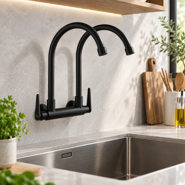 Saniware SWP-SS-304-62-B Stainless Steel Double-Spout Kitchen Wall Sink Tap Matt Black
