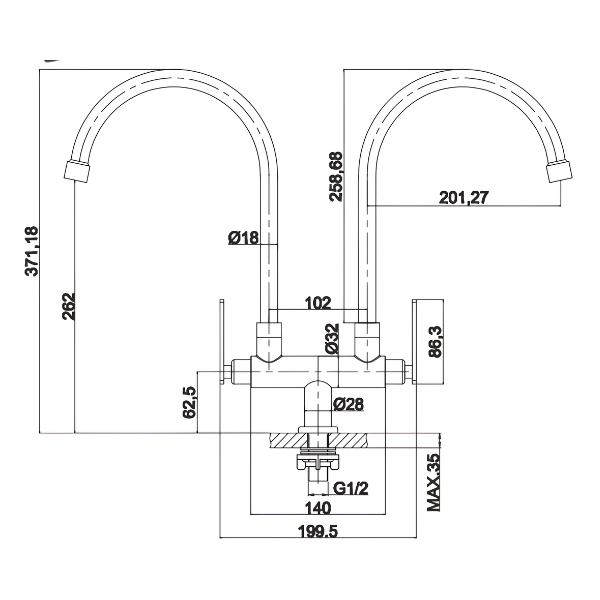 Saniware SWP-SS-304-63-B Stainless Steel Double-Spout Kitchen Pillar Sink Tap Matt Black