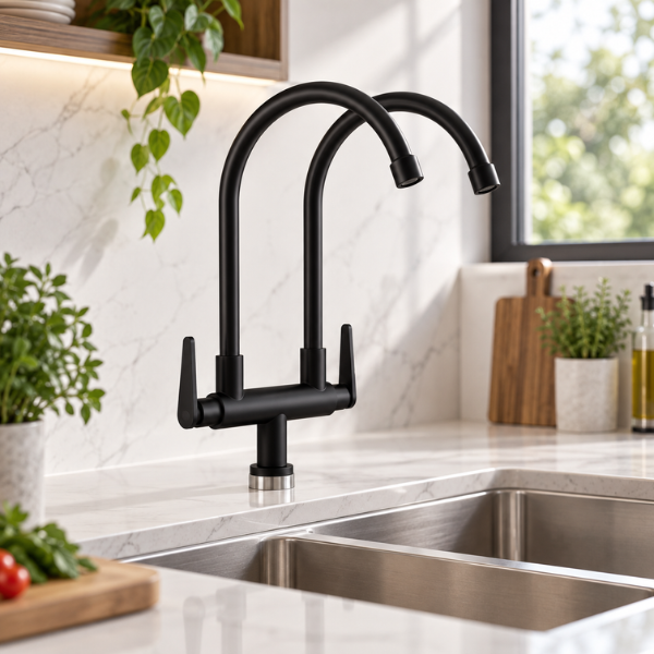 Saniware SWP-SS-304-63-B Stainless Steel Double-Spout Kitchen Pillar Sink Tap Matt Black