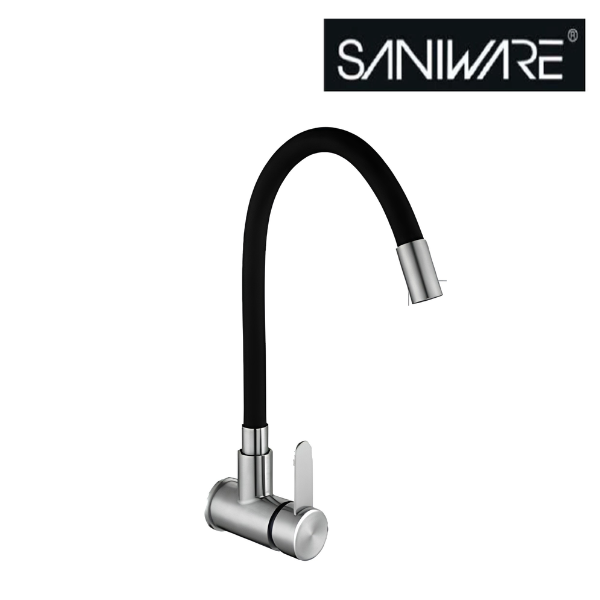 Saniware SWP-SS-304-3942 304 Stainless Steel Flexible Kitchen Wall Mounted Sink Tap Black & Silver Suitable for: Kitchens with a wall mounted tap connection