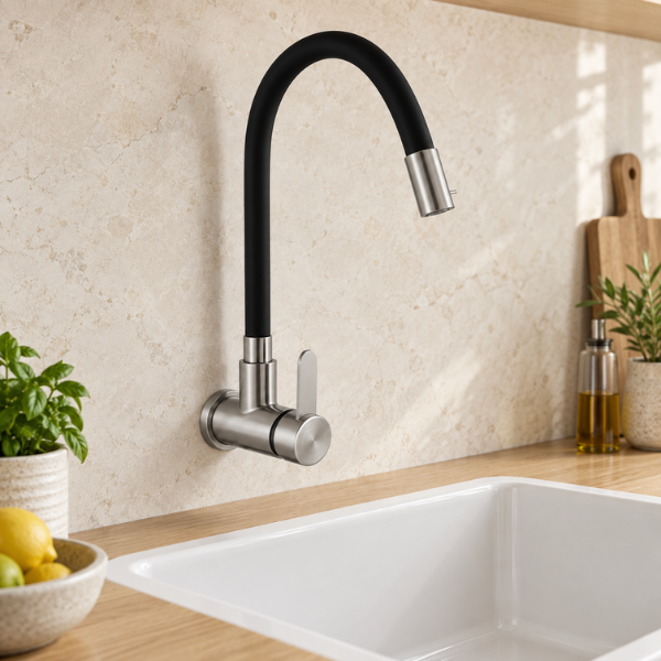 Saniware SWP-SS-304-3942 304 Stainless Steel Flexible Kitchen Wall Mounted Sink Tap Black & Silver Suitable for: Kitchens with a wall mounted tap connection