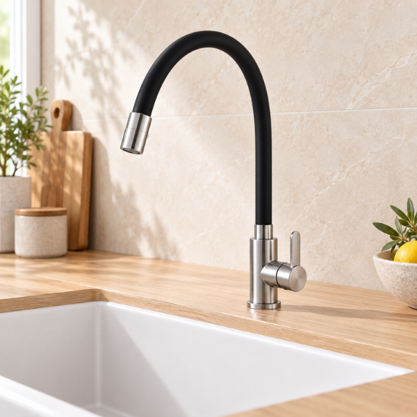 Saniware SWP-SS-304-3943 304 Stainless Steel Flexible Kitchen Pillar Mounted Sink Tap Black & Silver