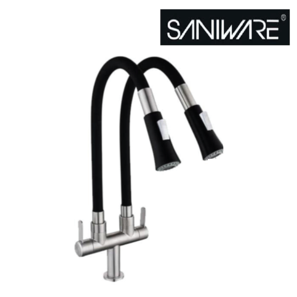 Saniware SWP-SS-304-3945 304 Stainless Steel Double Flexible Hose Kitchen Pillar Mounted Sink Tap Black & Silver