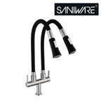 Saniware SWP-SS-304-3945 304 Stainless Steel Double Flexible Hose Kitchen Pillar Mounted Sink Tap Black & Silver
