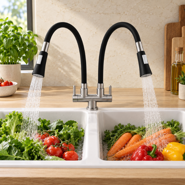 Saniware SWP-SS-304-3945 304 Stainless Steel Double Flexible Hose Kitchen Pillar Mounted Sink Tap Black & Silver