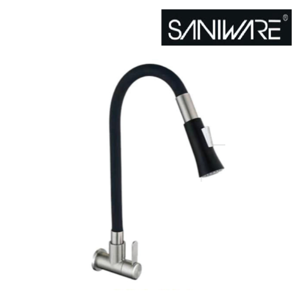 Saniware SWP-SS-304-3932 304 Stainless Steel Flexible Hose Kitchen Wall Mounted Sink Tap with Spray Head Black & Silver