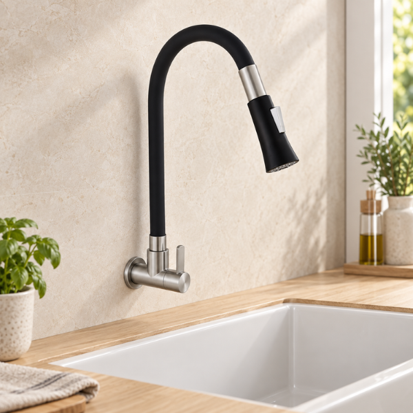 Saniware SWP-SS-304-3932 304 Stainless Steel Flexible Hose Kitchen Wall Mounted Sink Tap with Spray Head Black & Silver