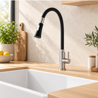 Saniware SWP-SS-304-3933 304 Stainless Steel Flexible Hose Kitchen Pillar Mounted Sink Tap with Spray Head Black & Silver