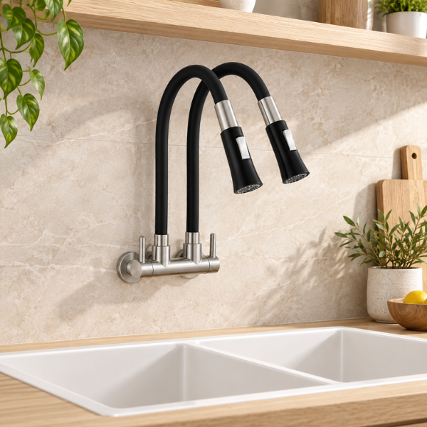 Saniware SWP-SS-304-3946 304 Stainless Steel Double Flexible Hose Kitchen Wall Mounted Sink Tap Black & Silver