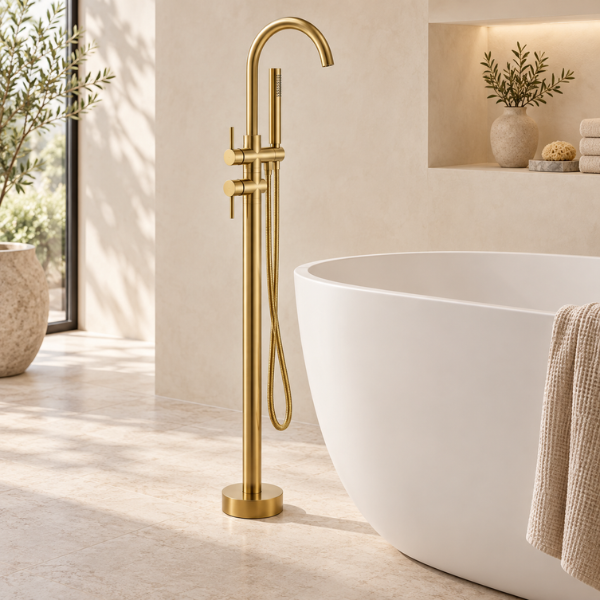 Saniware SWP-BTM-178G Freestanding Bathtub Tap with Hand Shower Gold freestanding acrylic bathtub