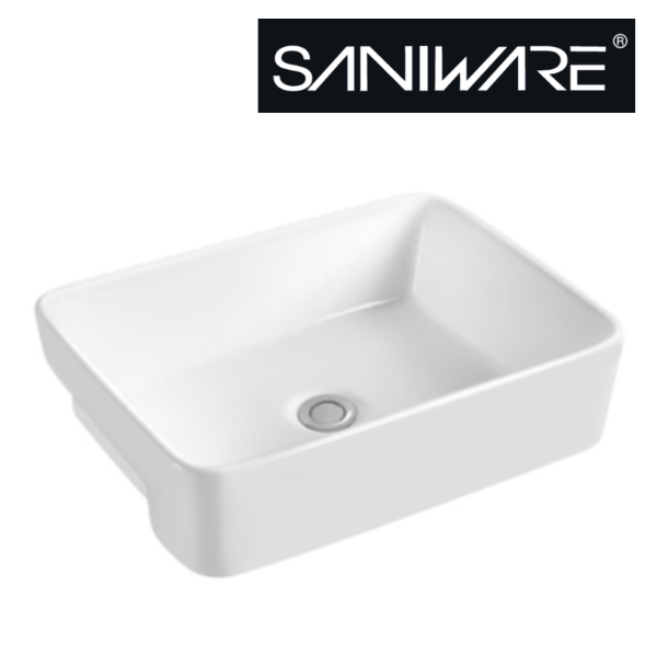 Saniware WB-458 475mm Ceramic White Semi Recessed Basin Sinki Tandas Bilik Mandi For Compact Vanity, Small Bathroom & Renovation Projects