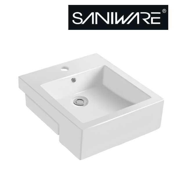 Saniware WB-464 420mm x 475mm Ceramic White Semi Recessed Basin Sinki Tandas Bilik Mandi For Standard Vanity, Bathroom & Renovation Projects