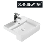 Saniware WB-594 420mm Ceramic White Semi Recessed Basin Sinki Tandas Bilik Mandi For Square Vanity, Compact Bathroom & Renovation Projects