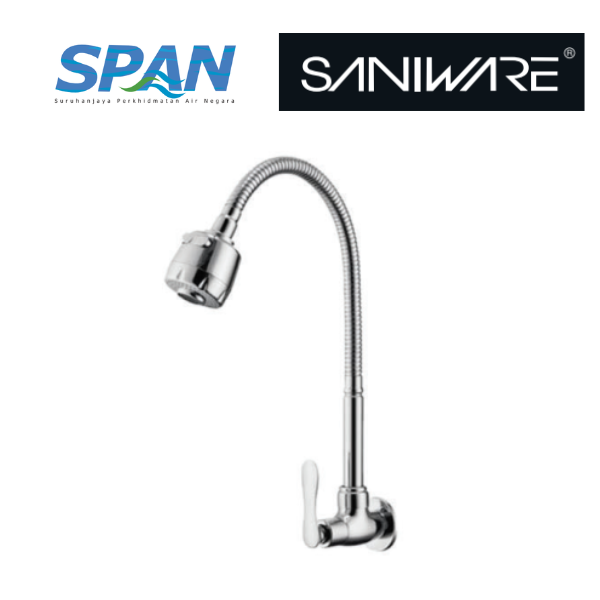 Saniware SWP-BR-3473 Chrome Flexible Hose Kitchen Wall Sink Tap Suitable for: Kitchen Sinks and Utility Sinks with Wall-Mounted Water Connections