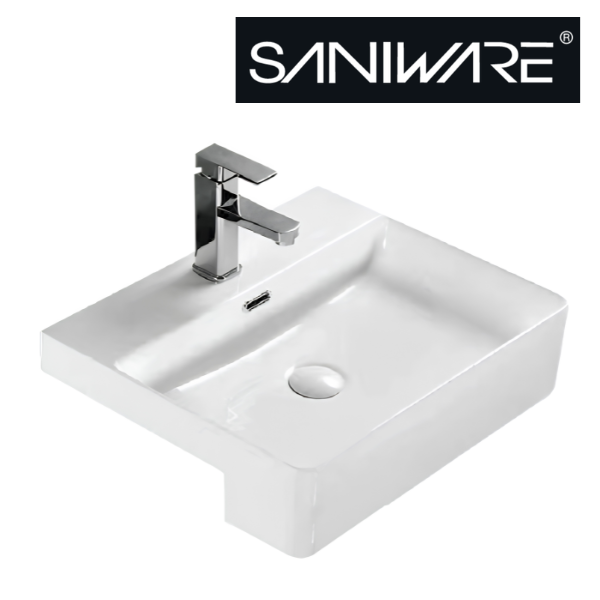 Saniware WB-595 500mm x 420mm Ceramic White Semi Recessed Basin Sinki Tandas Bilik Mandi For Wide Vanity, Main Bathroom & Renovation Projects