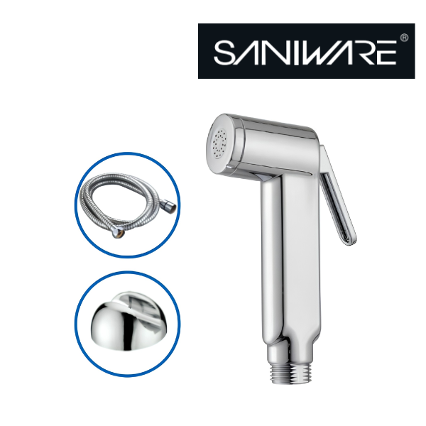 Saniware SWSB-ABS-361 Chrome Handheld Bidet Spray Set with Holder and Flexible Hose Suitable for: Toilets and Bathrooms Requiring Personal Hygiene and Rinsing