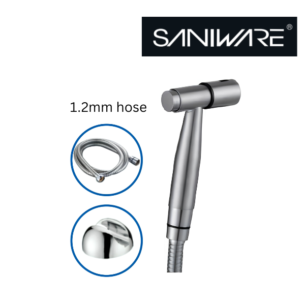 Saniware SWP-SS-304-81 Silver Push Button Bidet Spray Set with Holder and Flexible Hose Suitable for: Toilets and Bathrooms Requiring Personal Hygiene and Rinsing