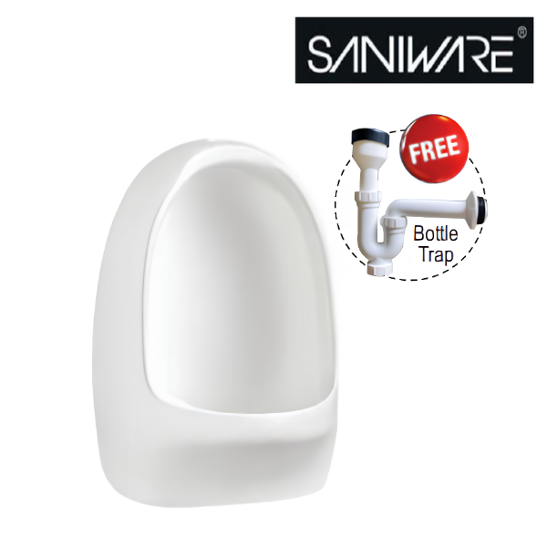 Saniware UB-601 White Ceramic Compact Wall-Hung Ceramic Urinal – Top Inlet with Free Bottle Trap, 300 × 260 × 400mm
