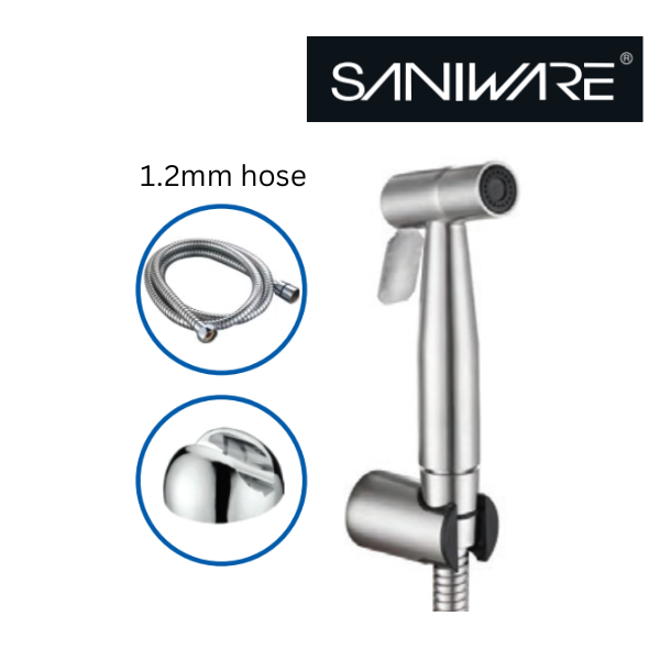 Saniware SWP-SS-304-75 Silver Stainless Steel Bidet Spray Set with Holder and Flexible Hose Suitable for: Toilets and Bathrooms Requiring Personal Hygiene and Rinsing