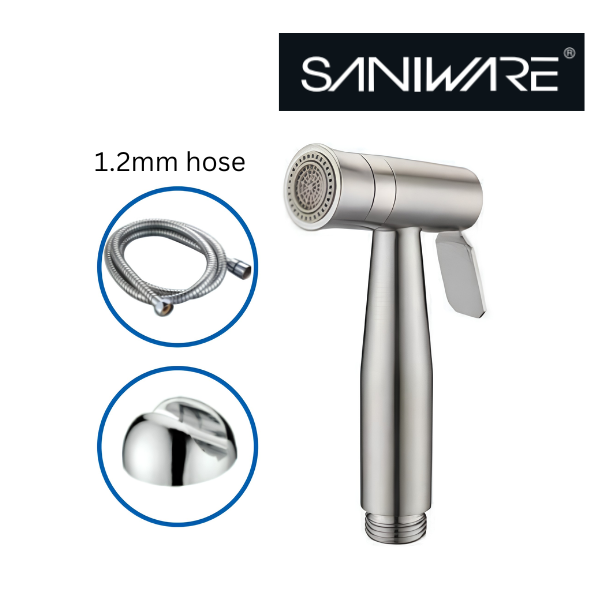 Saniware SWP-SS-304-76 Silver Two-Way Function Stainless Steel Bidet Spray Set with Holder and Flexible Hose Suitable for: Toilets and Bathrooms Requiring Personal Hygiene and Rinsing