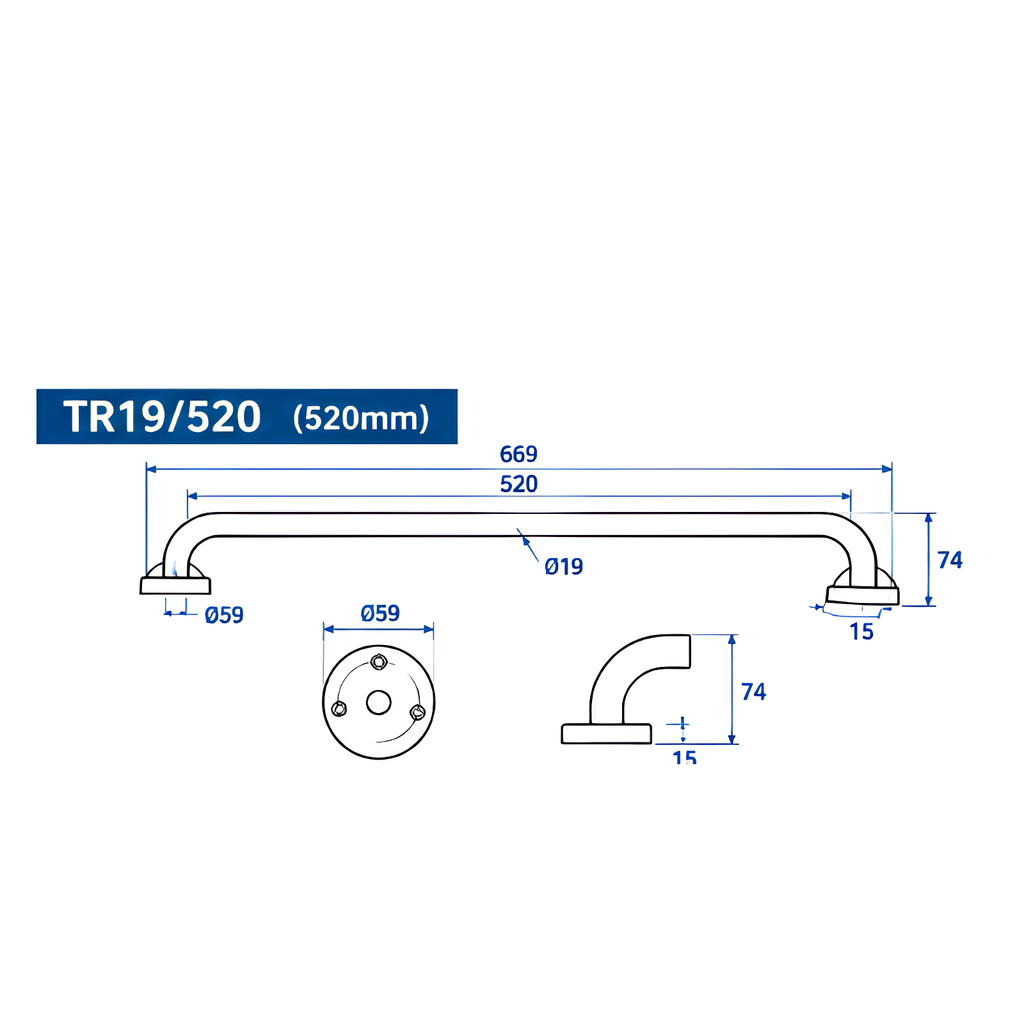 Onimi TR19/520 SS201 520mm Wall Mounted Polished Stainless Steel FinishSingle Towel Rail