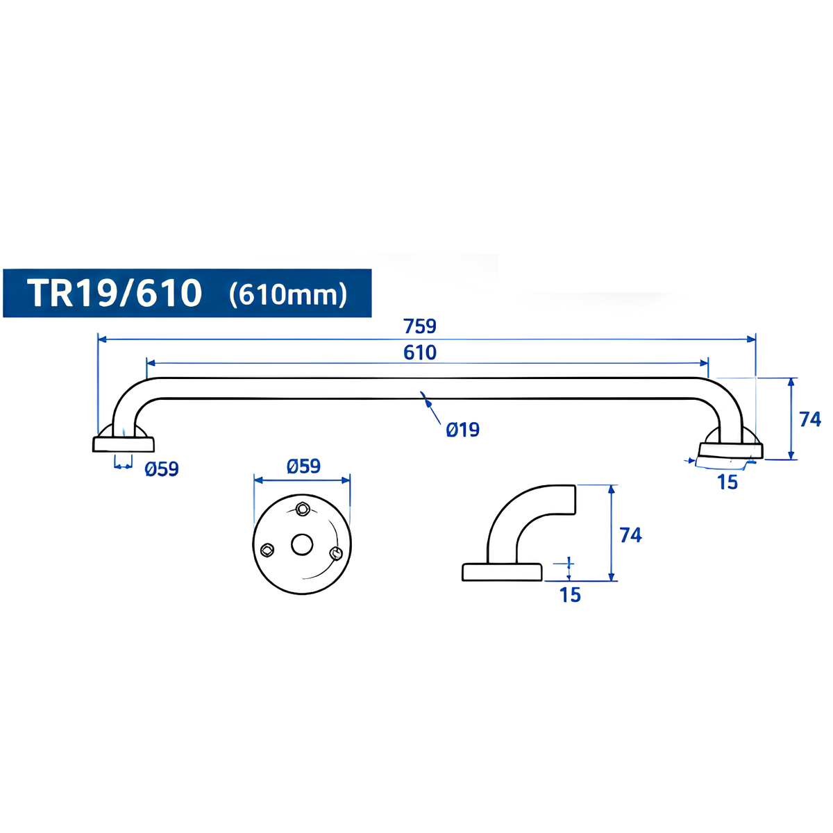 Onimi TR19/610 SS201 610mm Wall-Mounted Polished Stainless Steel Finish Single Towel Rail