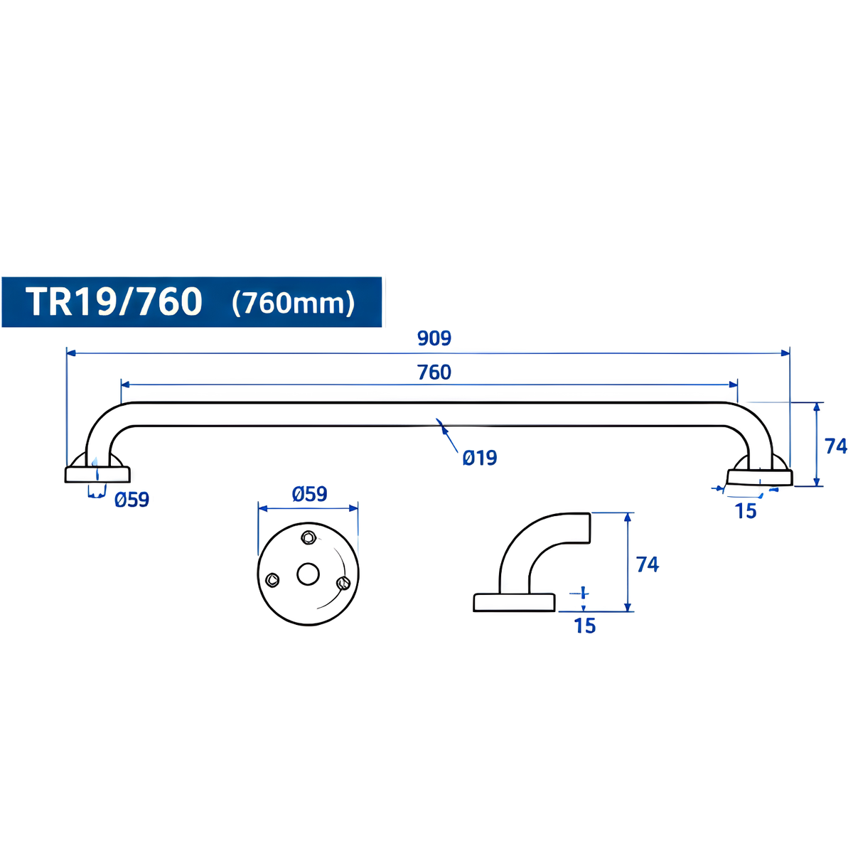 Onimi TR19/760 SS201 760mm Wall-Mounted Polished Stainless Steel Finish Single Towel Rail