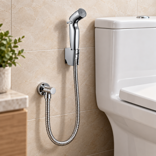 Saniware SWSB-ABS-363 Chrome Angled Head ABS Bidet Spray Set with Holder and 1.2m Flexible Hose Suitable for: Toilets and Bathrooms Requiring Personal Hygiene and Rinsing