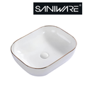 Saniware WB-400A 490mm Ceramic White Above Counter Art Basin with Gold Rim Sinki Tandas Bilik Mandi For Modern Vanity, Feature Bathroom & Renovation Projects