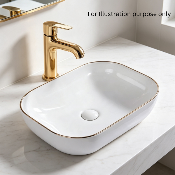 Saniware WB-400A 490mm Ceramic White Above Counter Art Basin with Gold Rim Sinki Tandas Bilik Mandi For Modern Vanity, Feature Bathroom & Renovation Projects