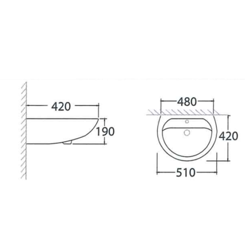 Asher L 1163 480mm White Ceramic Wall Hung Wash Basin Sinki Dinding Middle Tap Hole Ceramik Sinki
