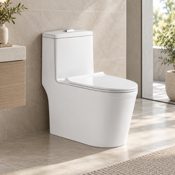 Saniware WC-2019 White 750mm Ceramic One-Piece Toilet Sinki Tandas Bilik Mandi S-Trap 300mm Roughing-In Siphonic Flush 700 x 380 x 750mm For Bathroom Renovation & Modern Homes