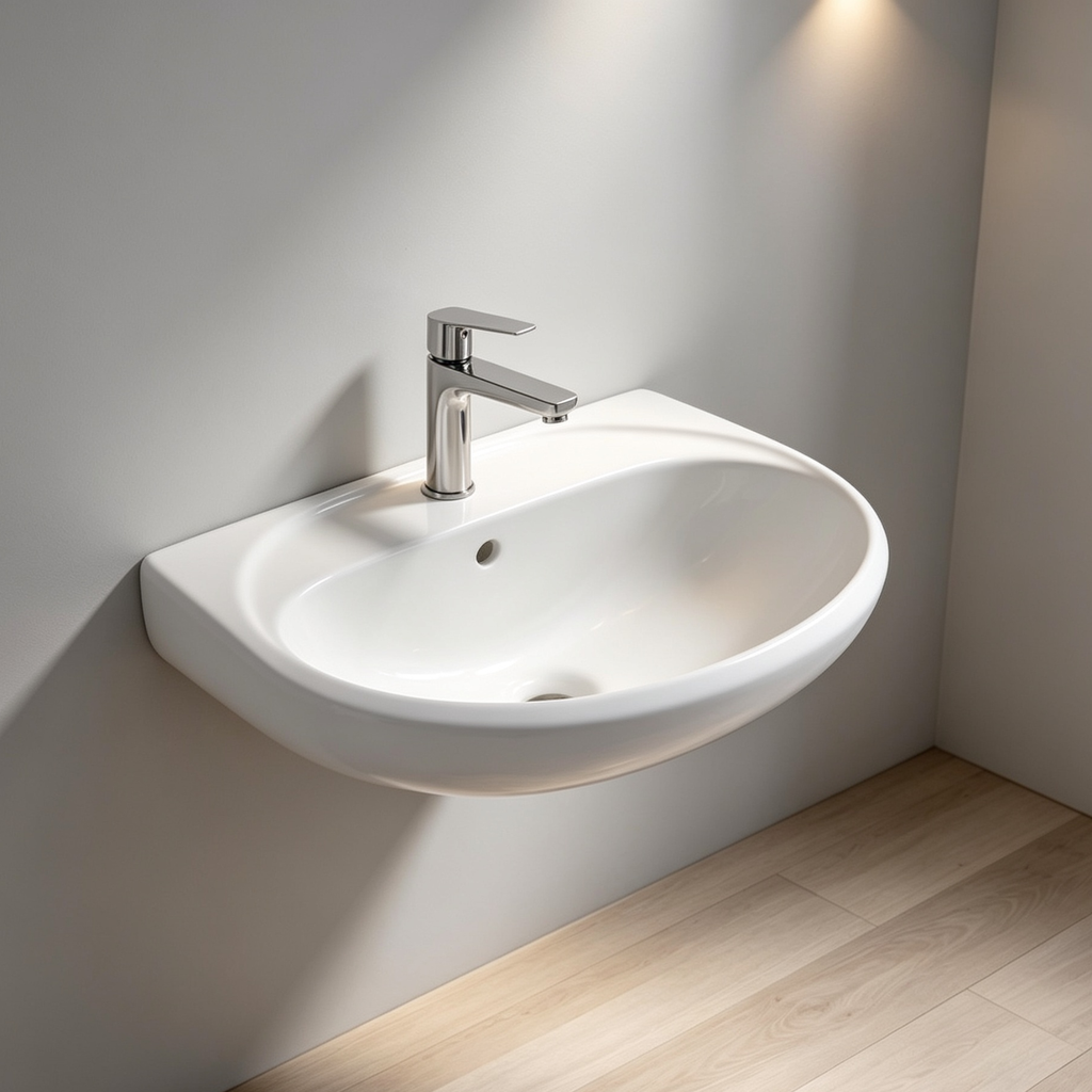 ASHER L 1163 480mm White Ceramic Wall Hung Wash Basin Sinki Dinding Middle Tap Hole Ceramik Sinki