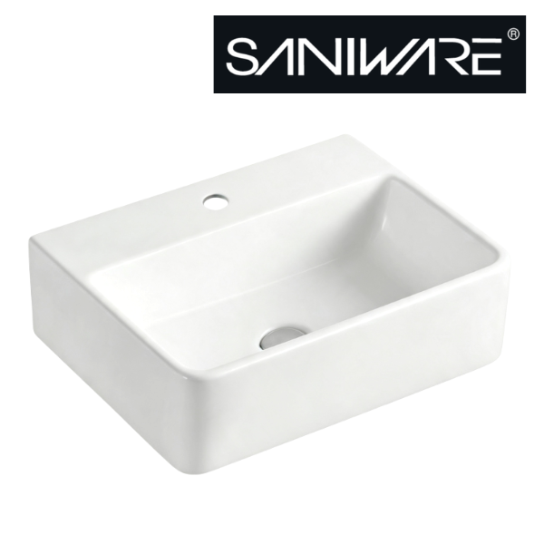 Saniware WB-880 395mm Ceramic White Dual-Use Wall-Hung & Above Counter Basin Sinki Tandas Bilik Mandi For Compact Vanity, Small Bathroom & Renovation Projects