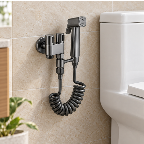 Saniware SWP-BR-14363-GM Gunmetal Two-Way Angle Valve with Bidet Spray Set and 1.2m Flexible Hose Suitable for: Toilets and Bathrooms Requiring Personal Hygiene and Rinsing