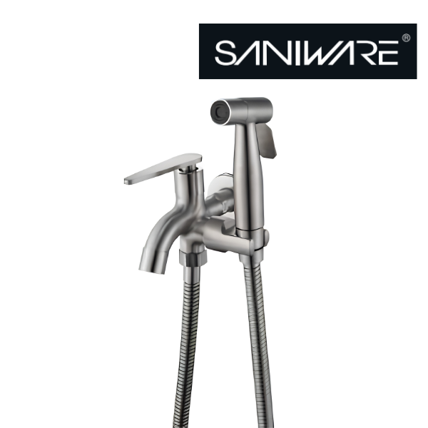 Saniware SWP-SS-304-6875A Silver Two-Way Tap with Bidet Spray Set and 1.2m Flexible Hose Suitable for: Bathrooms and Utility Areas Requiring Tap Water and Personal Hygiene Rinsing