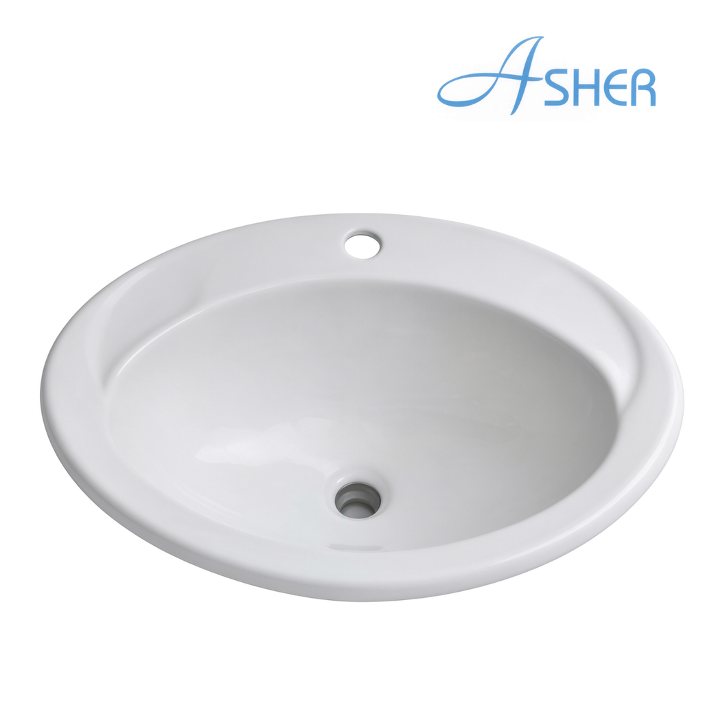 Asher L 6200 580mm White Ceramic Counter Top Wash Basin with Middle Tap Hole Sinki Cuci Tangan