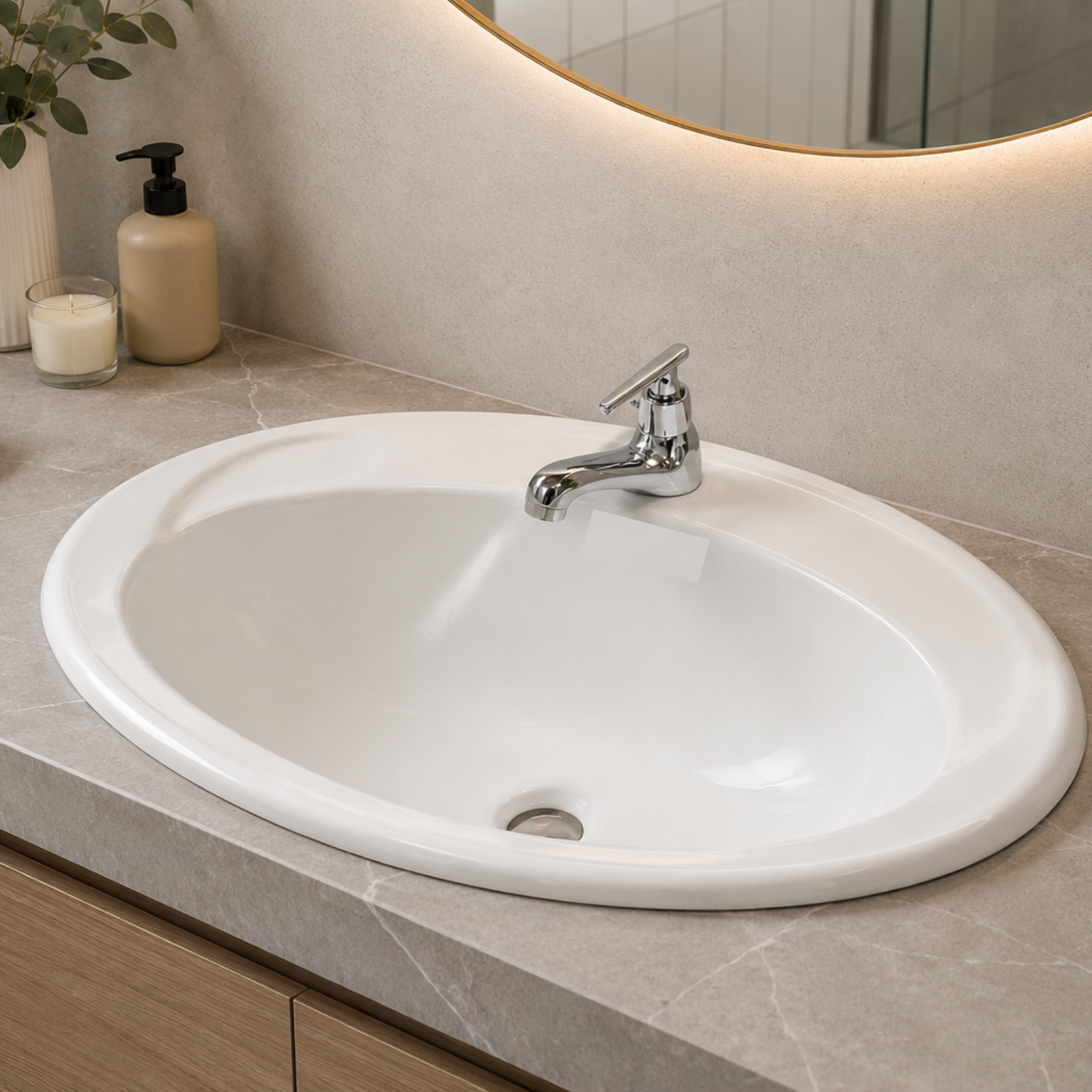 Asher L 6200 580mm White Ceramic Counter Top Wash Basin with Middle Tap Hole Sinki Cuci Tangan