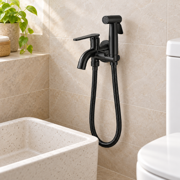 Saniware SWP-SS-304-6875-BA Black Two-Way Tap with Bidet Spray Set and 1.2m Flexible Hose Suitable for: Bathrooms and Utility Areas Requiring Tap Water and Personal Hygiene Rinsing