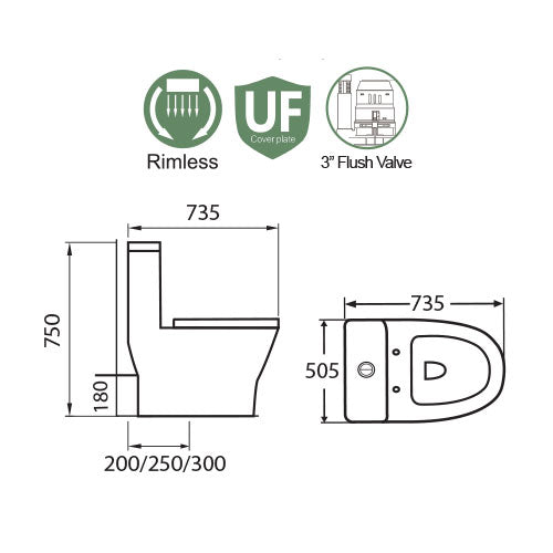 Docasa A111 P-Trap 180 S-Trap 200mm 250mm Bathroom One Piece Rimless WC Water Closet 1Piece Jamban Duduk PP Solf Close