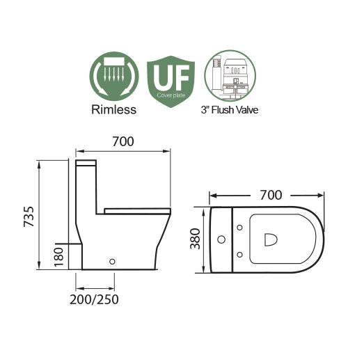 Docasa A368 P-Trap 180 S-Trap 250mm Bathroom One Piece Rimless WC Water Closet 1 Piece Jamban Duduk UF Solf Close Cantik
