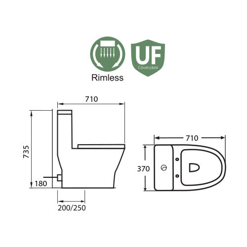 Docasa A836 P-Trap 180 S-Trap 250mm Bathroom One Piece Rimless WC Water Closet 1 Piece Jamban Duduk UF Solf Close Cantik