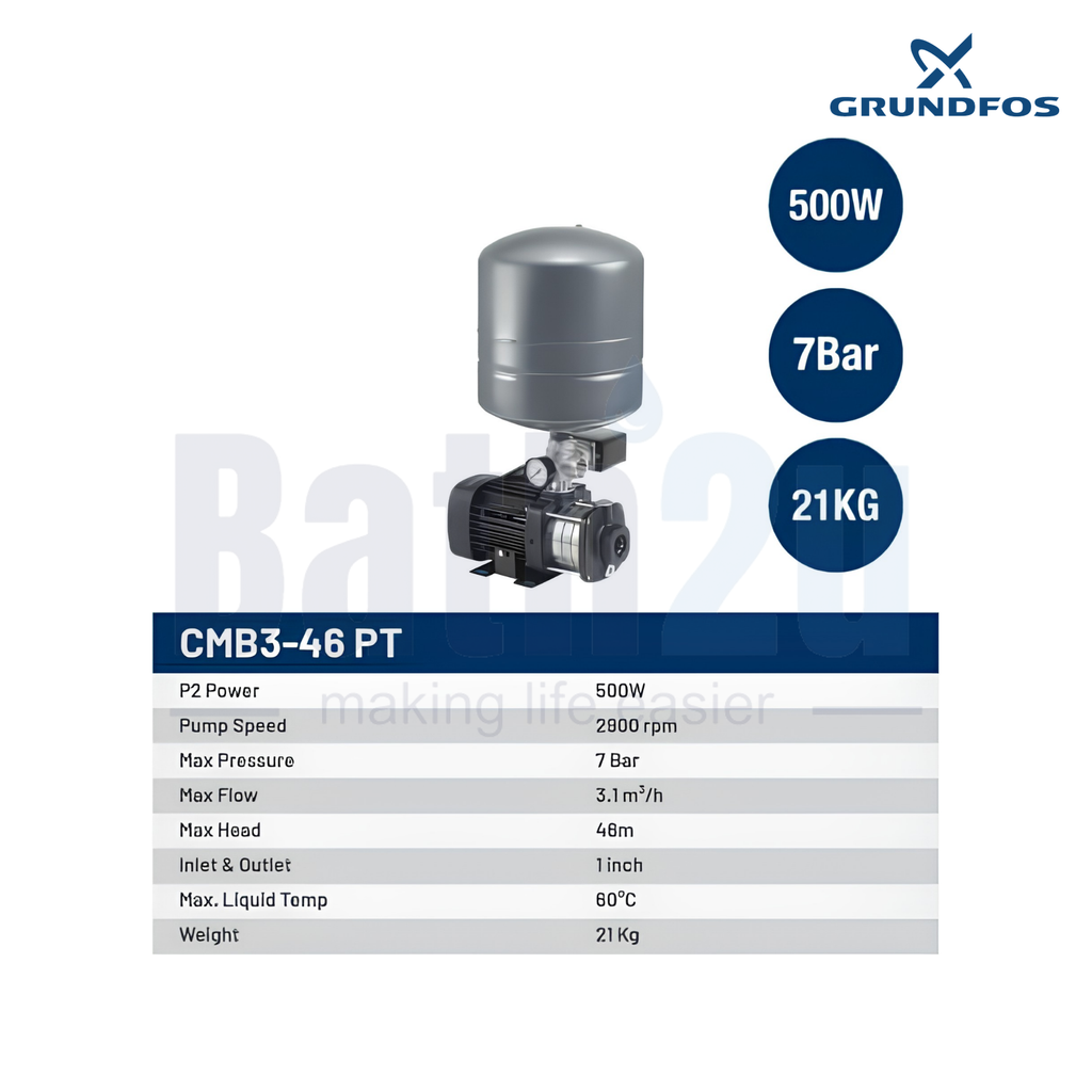 Grundfos CMB3-46PT 0.5kW Automatic Home Water Pressure Booster Pump with 18L Pressure Tank