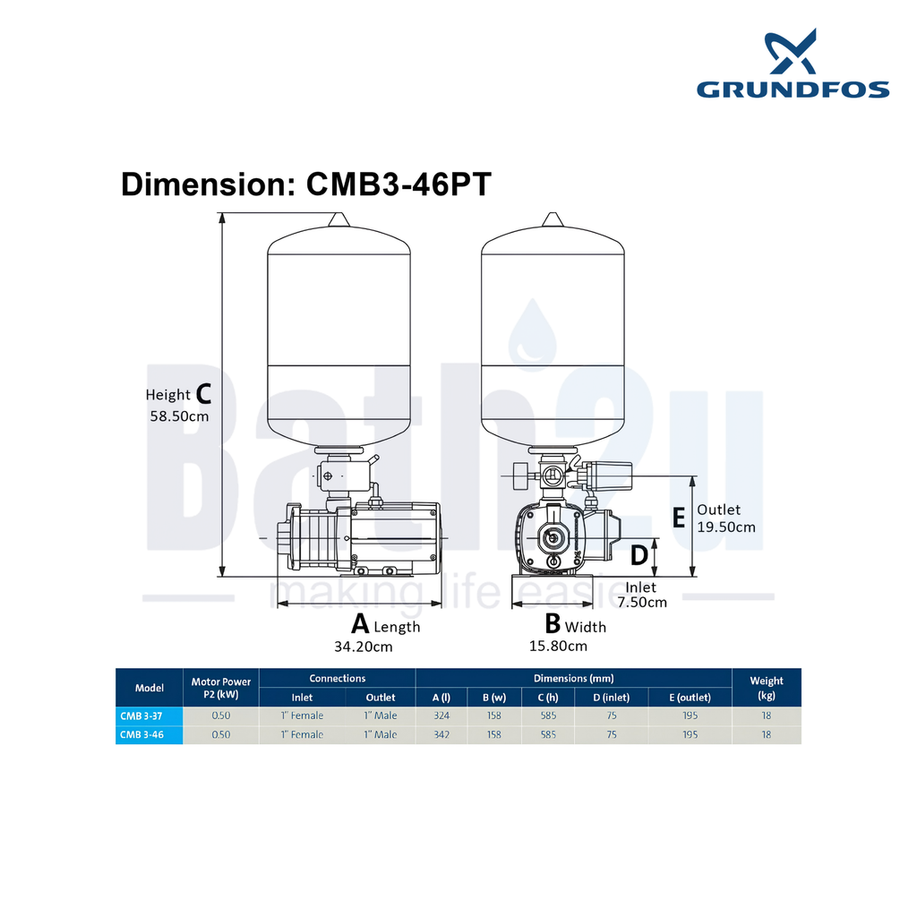 Grundfos CMB3-46PT 0.5kW Automatic Home Water Pressure Booster Pump with 18L Pressure Tank