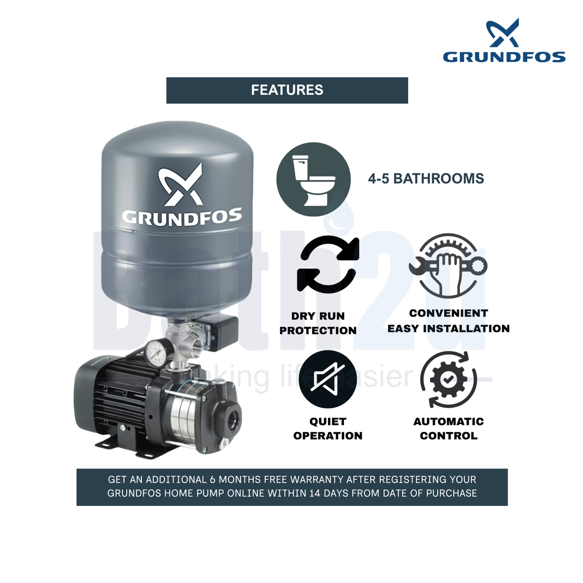 Grundfos CMB5-37 PT 1HP Home Water Booster Pump with 8L Pressure Tank