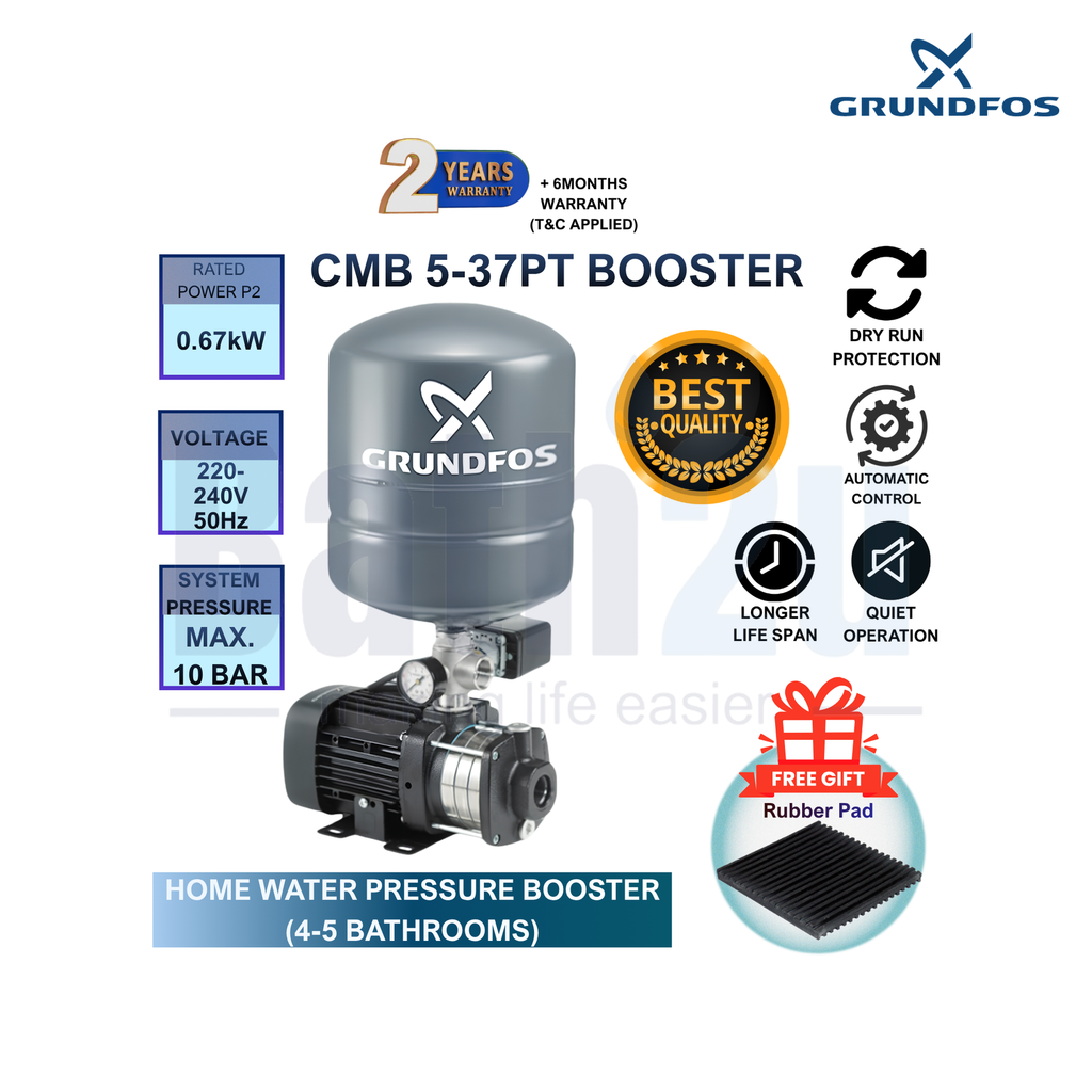 Grundfos CMB5-37 PT 1HP Home Water Booster Pump with 8L Pressure Tank